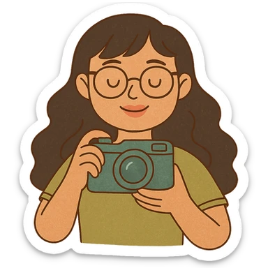 young woman with long wavy black hair, bangs, black glasses, pink lip gloss, holding a teal camera, toothless smile, light moss green shirt, flat colorful style sticker