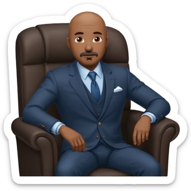 Black man, bald, in a suit, sitting on a chair in the office, goatee mustache sticker
