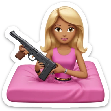Brown skin blonde hair barbie laying in bed holding a black gun sticker