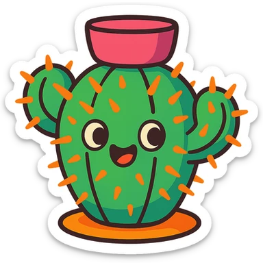 colorful cartoon cactus plant with spines, rounded shape, friendly expression sticker
