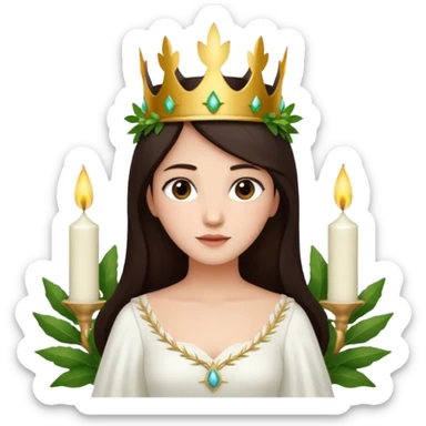  saint lucia with dark brown hair with a white gown and a crown made from greenery with candles on the crown sticker