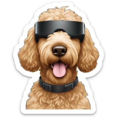 dark brown golden doodle wearing VR headset sticker