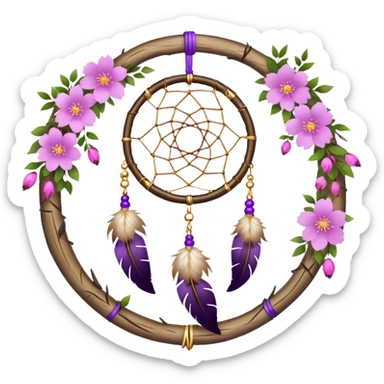 A white-birch-circle-framed Dreamcatcher. with purple-round-orbs, gold-rings hanging down. purple flowers, pink sakura flowers, sticker