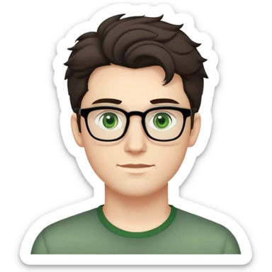 young man with pale skin, dark tall voluminous slightly wavy hair styled up high on head but not curly, wearing glasses with green eyes and very light stubble, with a slight smile sticker