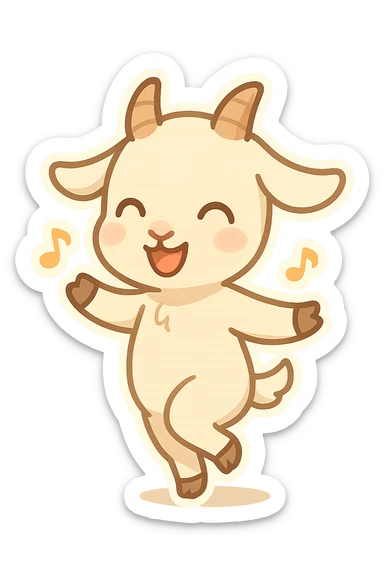 chibi goat, joyful, dancing, little horns, happy expression, simple background sticker