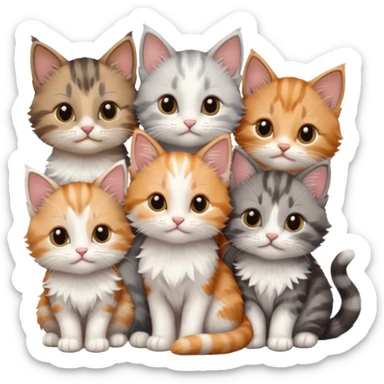 6 tiny kittens cuddling together all various different natural colours including grey and white, ginger and white, calico, grey, and brown tabby and white sticker