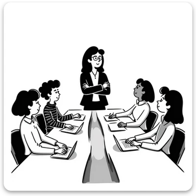 Executive employer at head of meeting table with team sticker
