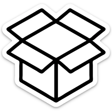 an open cardboard box, viewed from above, black outlined icon style, no fill, minimalistic sticker