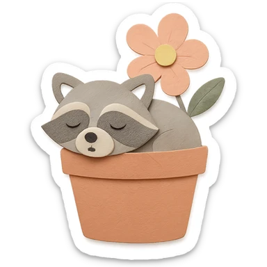 sleepy raccoon inside a flower pot, pastel earthy colors, paper-craft style sticker