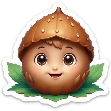 Cinematic tiny happy acorn, glossy brown, soft glowing highlights, tiny adorable face with big sparkly eyes, sitting on a pastel leaf, warm and cheerful. sticker