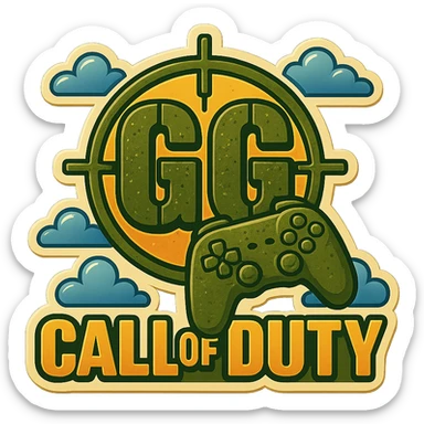 Add a video game controller to the Call of Duty GG emote, maintaining the distressed stencil font, army green color, and crosshair detail. sticker
