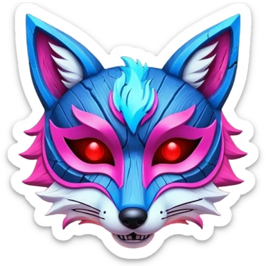 Ancient wooden mask, split in half, luminous and neon with red, blue and pink fox-like glow. sticker