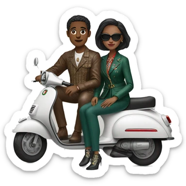 man and woman sitting on a scooter wearing  gucci glothes sticker