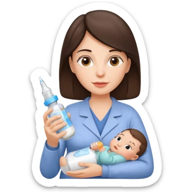 Brunette Mother holding a baby bottle with milk and a vaccine syringe sticker