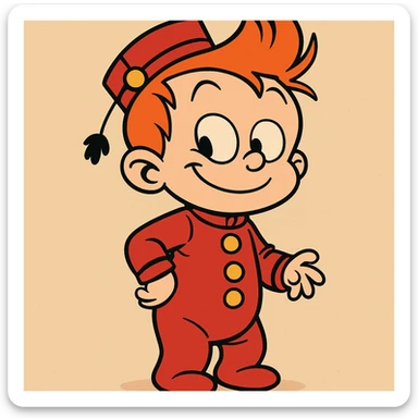 bébé Spirou, cartoon style, proportions enfantines, costume rouge, sourire espiègle sticker
