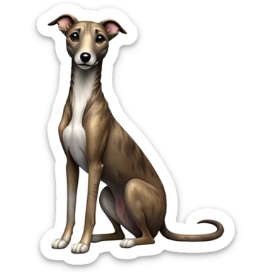cinematic-[brindle greyhound]-realistic-full-body-sitting-emoji,-tail-resting-loosely-beside-its-paws,-head-tilted-dramatically, -sleek-[brindle]-fur,-simplified-yet-realistic-focused-features,-highly-detailed,-glowing-with-an-almost-sarcastic-glow sticker