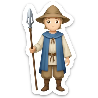 Full body of medieval peasant commoner in simple cloth clothing and hat sticker