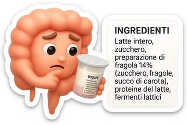 EMOJI STILE IPHONE 3D DI UN INTESTINO CHE HA IN MANO UN BARATTOLO DI YOGURT CONFEZIONATO DA SUPERMERCATO E LEGGE L'ETICHETTA NUTRIZIONALE CON GLI INGREDIENTI IN ITALIANO, ACCANTO ALLO YOGURT CHE HA IN MANO C'è UN FOCUS SULL'ETICHETTA CON GLI INGREDIENTI SCRITTI sticker