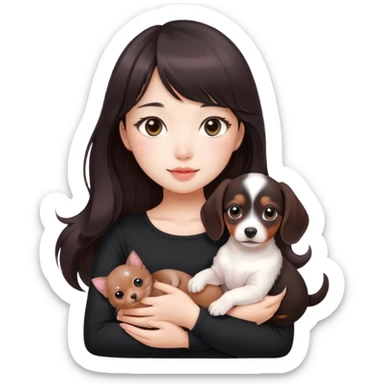 Asain girl with pink blush, wearing a black skinny top, long dark brown curled hair with straight bangs. Carrying a white kitten and a brown dashund puppy.  sticker