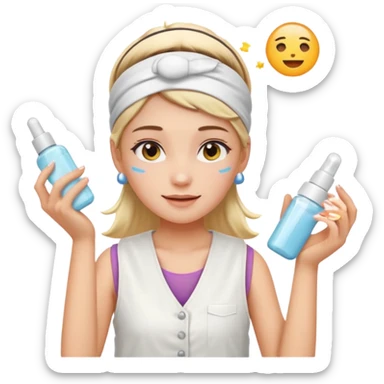 Clean girl aesthetic emoticons, apply skincare products, headband, glowing skin, white vest, soft lighting sticker