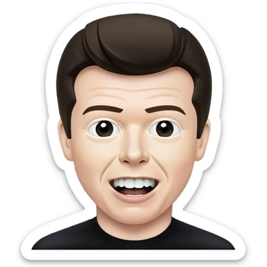 Rick Astley with straight face but with front teeth out and the background is heavily distorted with black and Rick Astley is lighter than the background sticker