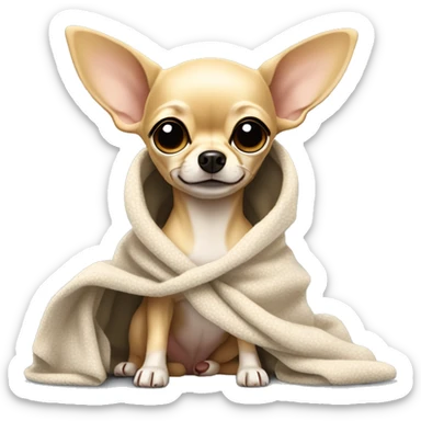 Blonde chihuahua (no white markings) with short hair, big ears, and long legs wrapped in a blanket sticker