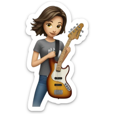 White brunette in t-shirt playing four string electric bass guitar sticker