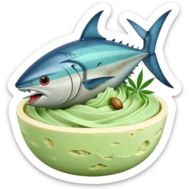 bluefin tuna in a gelato with cannabis leaf sticker
