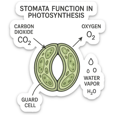 highly scientific, detailed, and labeled illustration focusing on stomata function in photosynthesis, showing gas exchange, guard cells, and molecular movement, no background, transparent sticker