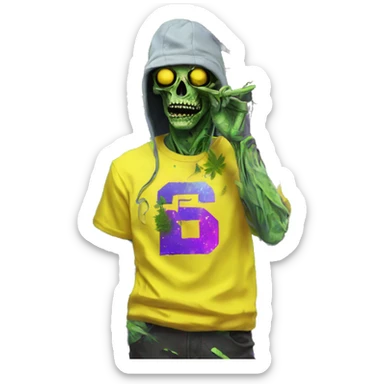 420 .Zombie_ Vaporwave black holographic oilslick zombie smoking yellow caution tape hemp leaves hemp plants sticker