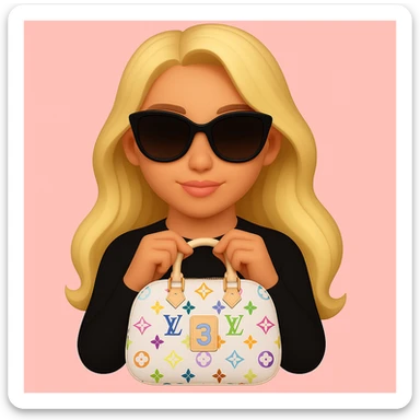 Remove all jewelry, make her lips a lighter pink, adjust her skin tone to be slightly more tan, and change the Louis Vuitton bag to a Speedy 30 Multicolore in white with rainbow monogram. Keep the pink background and sunglasses. sticker