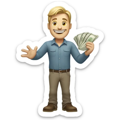 Caucasian Man sticking out his hand with money and a big smile sticker