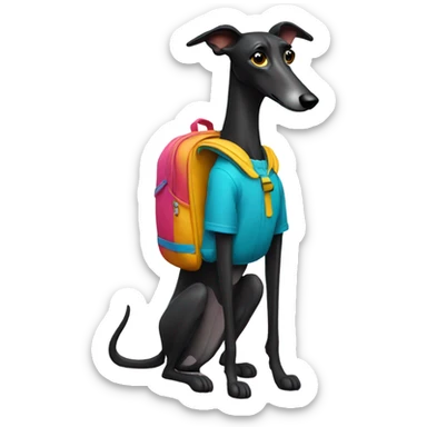 Black greyhound with backpack on sticker