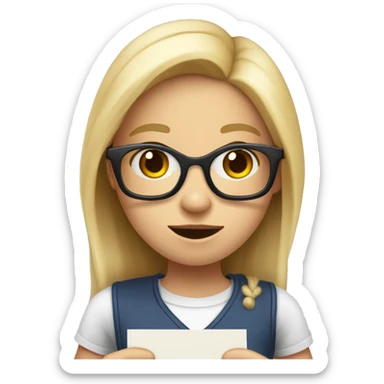 A blond girl with long hair and with glasses holding a heart enveloppe in her hand and pulling out a letter that says ‘im sorry tony’ sticker