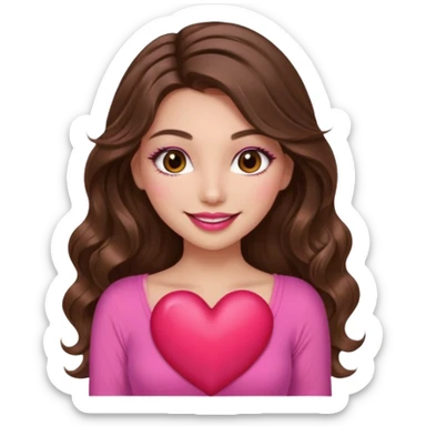 girl with long wavy brown hair, brown eyes, long lashes makeup, sexy pink lips, light to medium complexion, wearing a pink sexy top, smiling, holding a big heart sticker