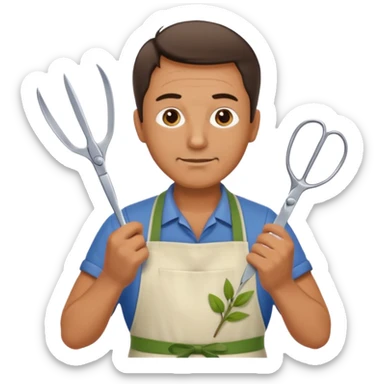 Middle-aged male florist – apron on, trimming stems with scissors sticker