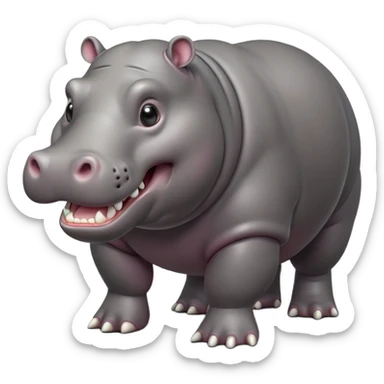 cinematic-hippo-realistic-full-body-side-view-standing-on-all-fours-emoji,-massive-round-frame,-wide-mouthed-grin-exposing-huge-teeth,-head-tilted-dramatically,-thick-grey-hide-glossy, big cute eyes sticker