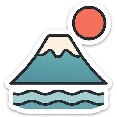 minimalist Japanese landscape icon, Mount Fuji with a red sun, soft gradients, serene feel sticker