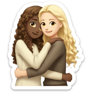 One arabic girl with  brown curly hair and another girl with straight blonde hair hugging each other anime  sticker