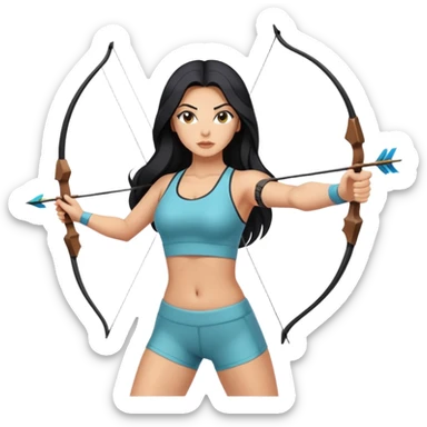 woman tanned long black hair, shooting arrow, sexy, yoga clothes sticker
