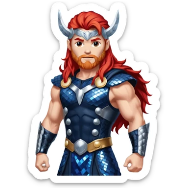 Thor, God of Thunder from Gods and Goddesses with long red hair, dark blue and silver sequin outfit sticker