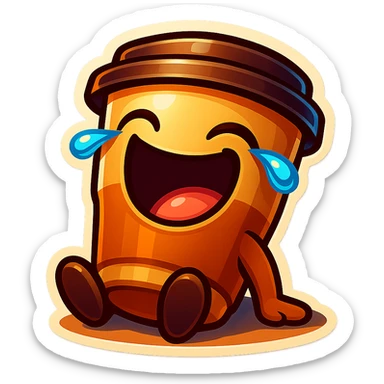 Tall coffee cup, laughing hard, tears in eyes, sitting on ground, tilted back, dramatic laugh sticker