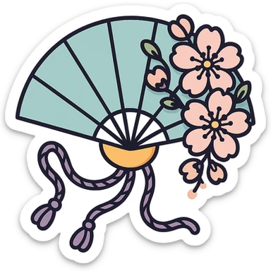 Elegant Chinese fan with cherry blossom flowers and twisted curved cords, in icon-color-outlined style. High detail with complex shadows and highlights, thin clean contours, soft rounded shapes, pastel palette #98B5BC, #B5B3C1, #C9A3C9, #E4C0CA, #F7DCD1, #F7C0AA. Modern Japanese pop-art and sticker aesthetic, soft lighting, transparent background. The cords should be twisted like decorative strings. sticker