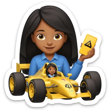  long black haired black girl kid playing yellow colored formula 1 car toy sticker