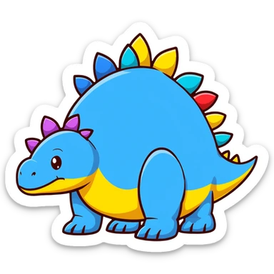 A cartoon blue toy stegosaurus with a friendly face and colorful spikes sticker