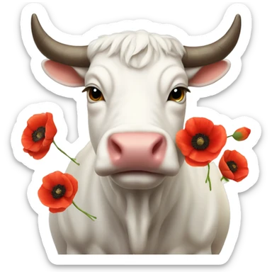 Realistic cute White Bull Ox with many poppies on big horns sticker