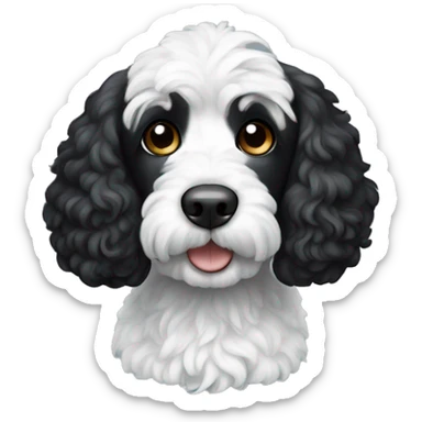 Dog black cockapoo with white chest and one white ear sticker