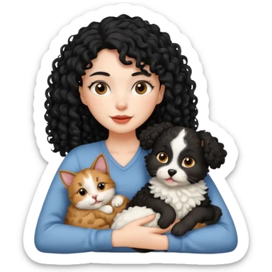 Moça branca com cabelo cacheado preto. Com um gato e um cachorro no colo sticker