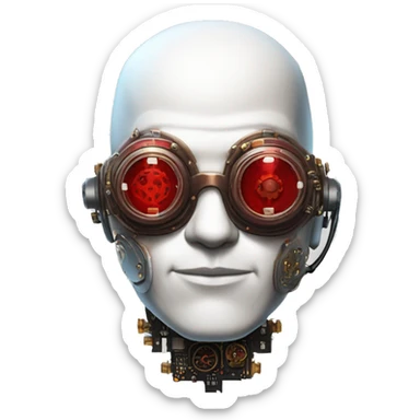 Bald cyborg head with red steampunk goggles, white five o’clock shadow, and circuits sticker