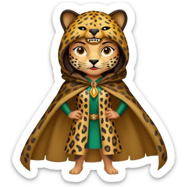 forest sticker character, latina woman dressed as jaguar spirit, spotted cloak, confident stance sticker